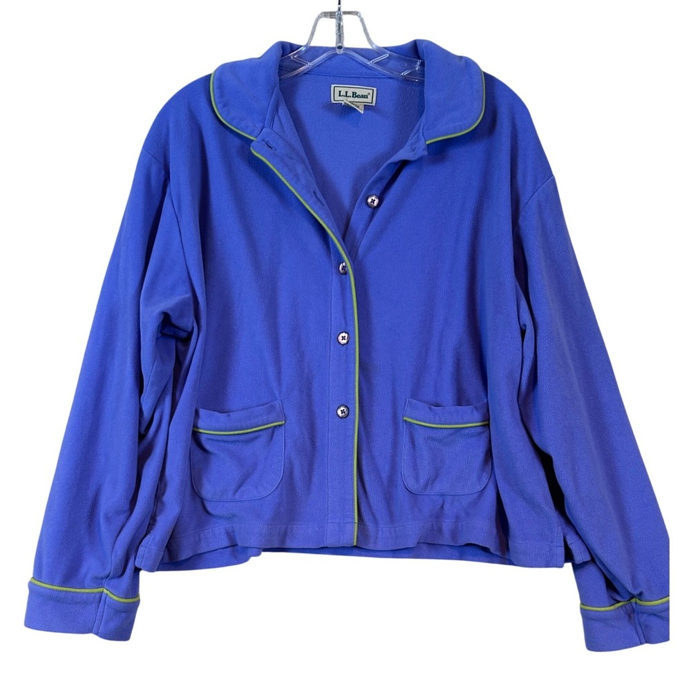 L.L. Bean Womens Fleece Pajama Top Purple Lime‎ Green Trim Button Front Large